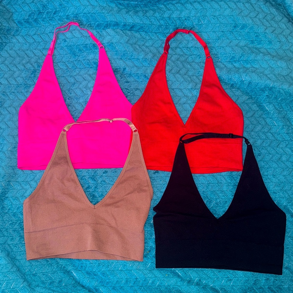 SHEIN Bundle of Four Halter Bralettes in Pink, Red, Tan, and Black - S